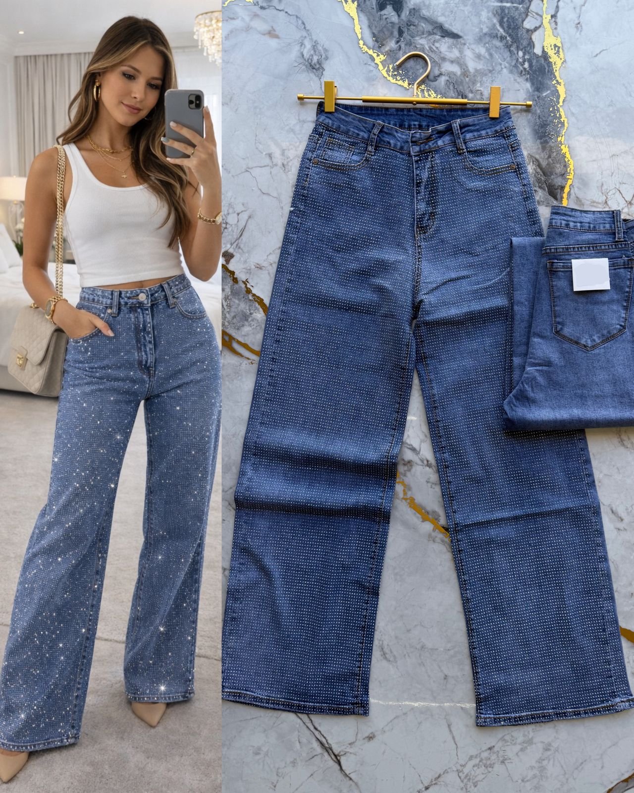 PANTALON CARGO MEZCLILLA BRILLOS