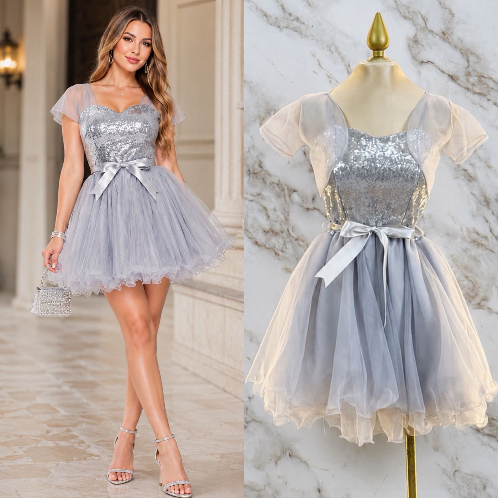 VESTIDO DE FIESTA PLATEADO DE TORERITA