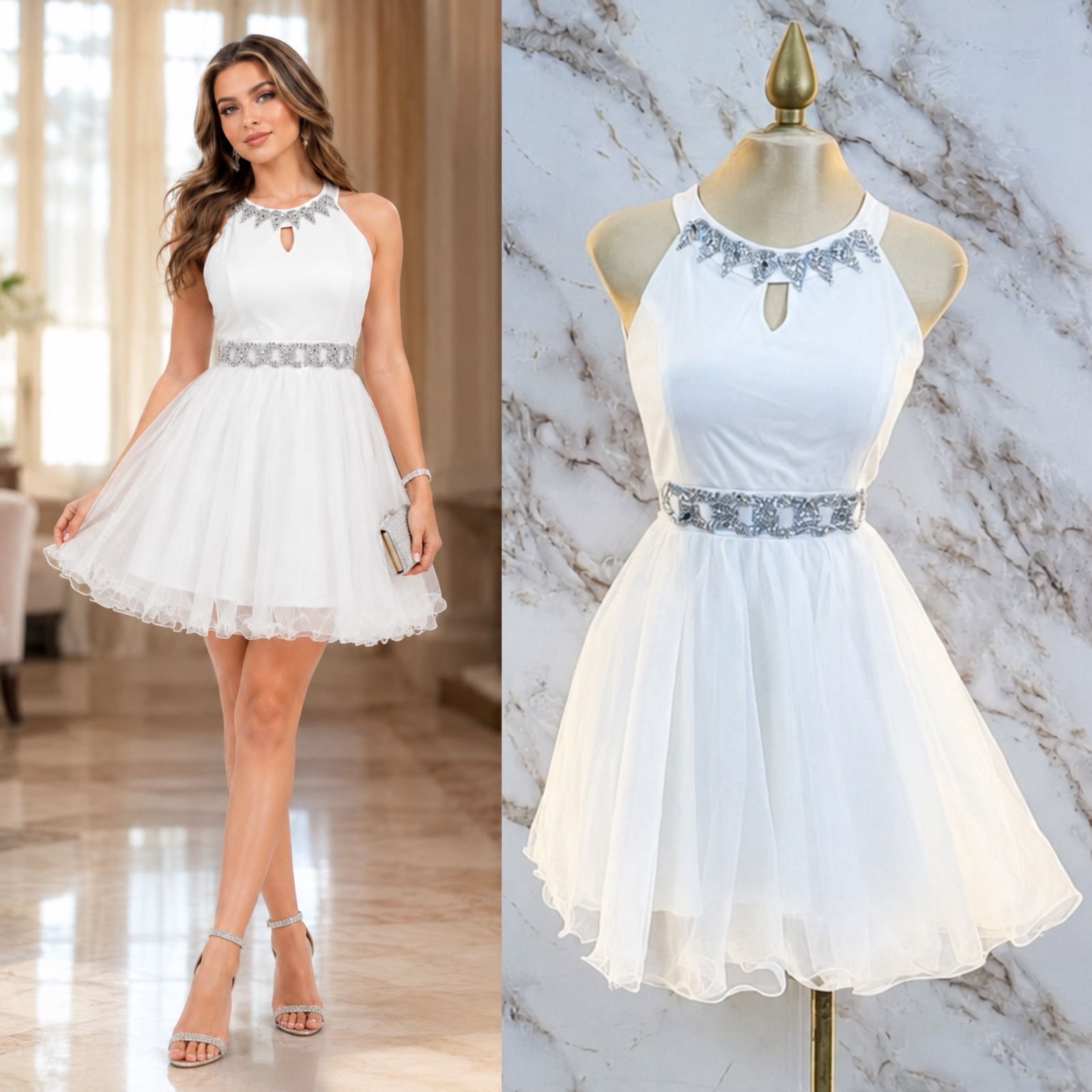 VESTIDO DE FIESTA JUVENIL CORTE PRINCESA CON TOCADOS PLATEADOS - Image 2