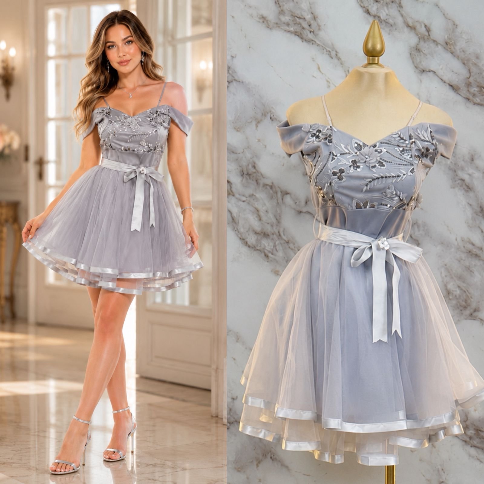 VESTIDO DE FIESTA JUVENIL CON BORDADO FLORAL TEXTURIZADO