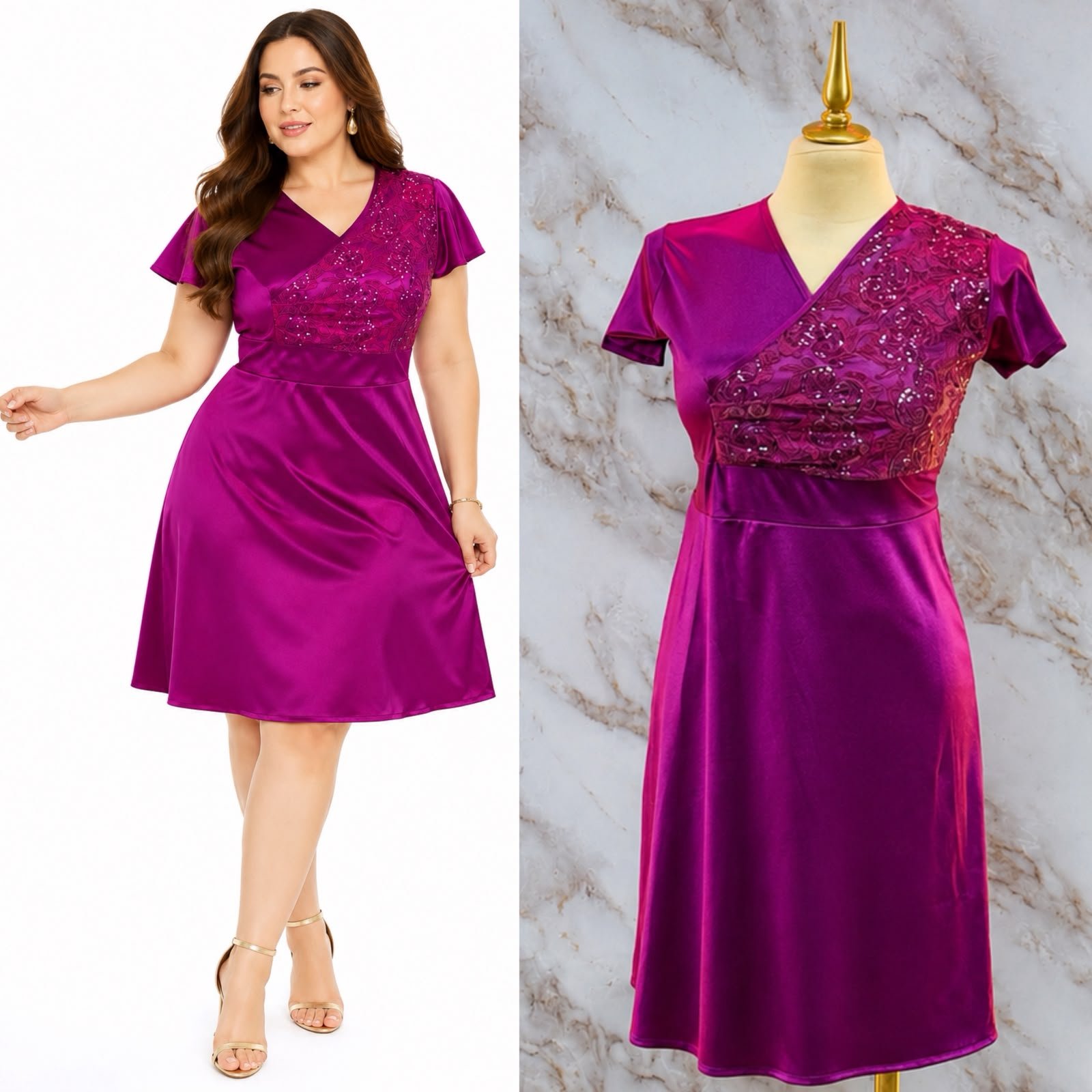 VESTIDO CON ESCUTE V CRUZADO CON PANEL DE ENCAJE Y LENTEJUELAS - Image 3