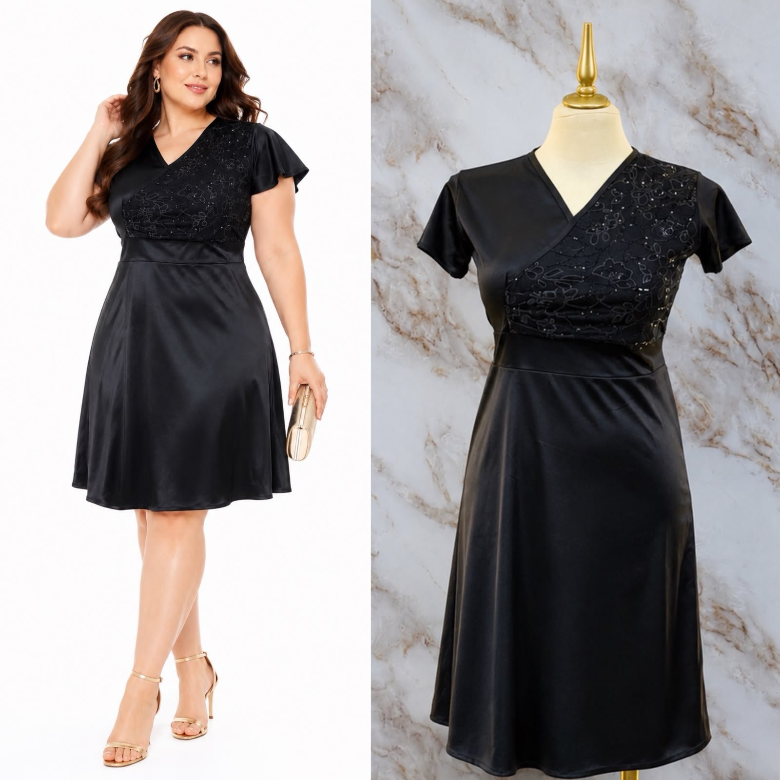 VESTIDO CON ESCUTE V CRUZADO CON PANEL DE ENCAJE Y LENTEJUELAS - Image 4