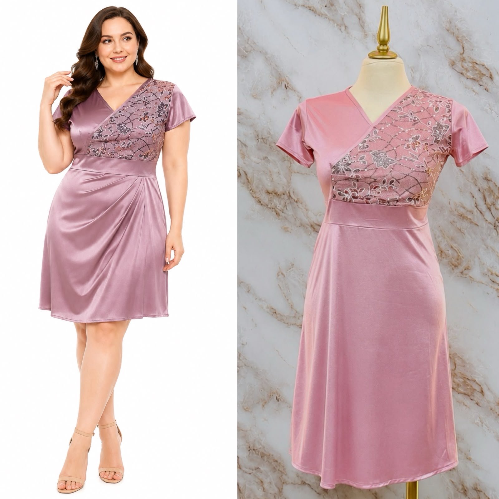 VESTIDO CON ESCUTE V CRUZADO CON PANEL DE ENCAJE Y LENTEJUELAS - Image 5