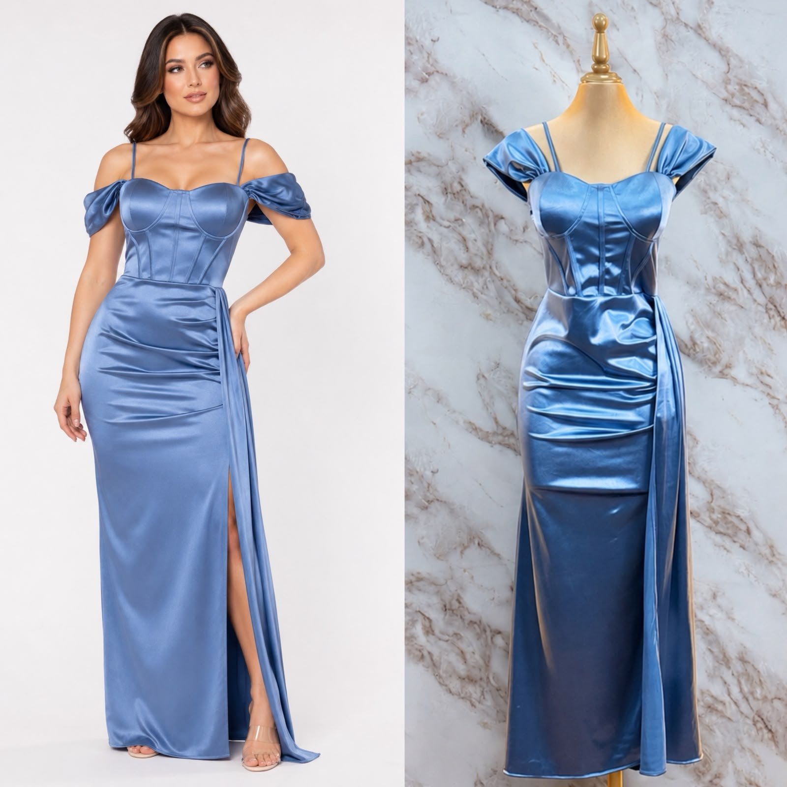 VESTIDO DE FIESTA DE CORSET SATINADO CON MANGA CAIDA - Image 2