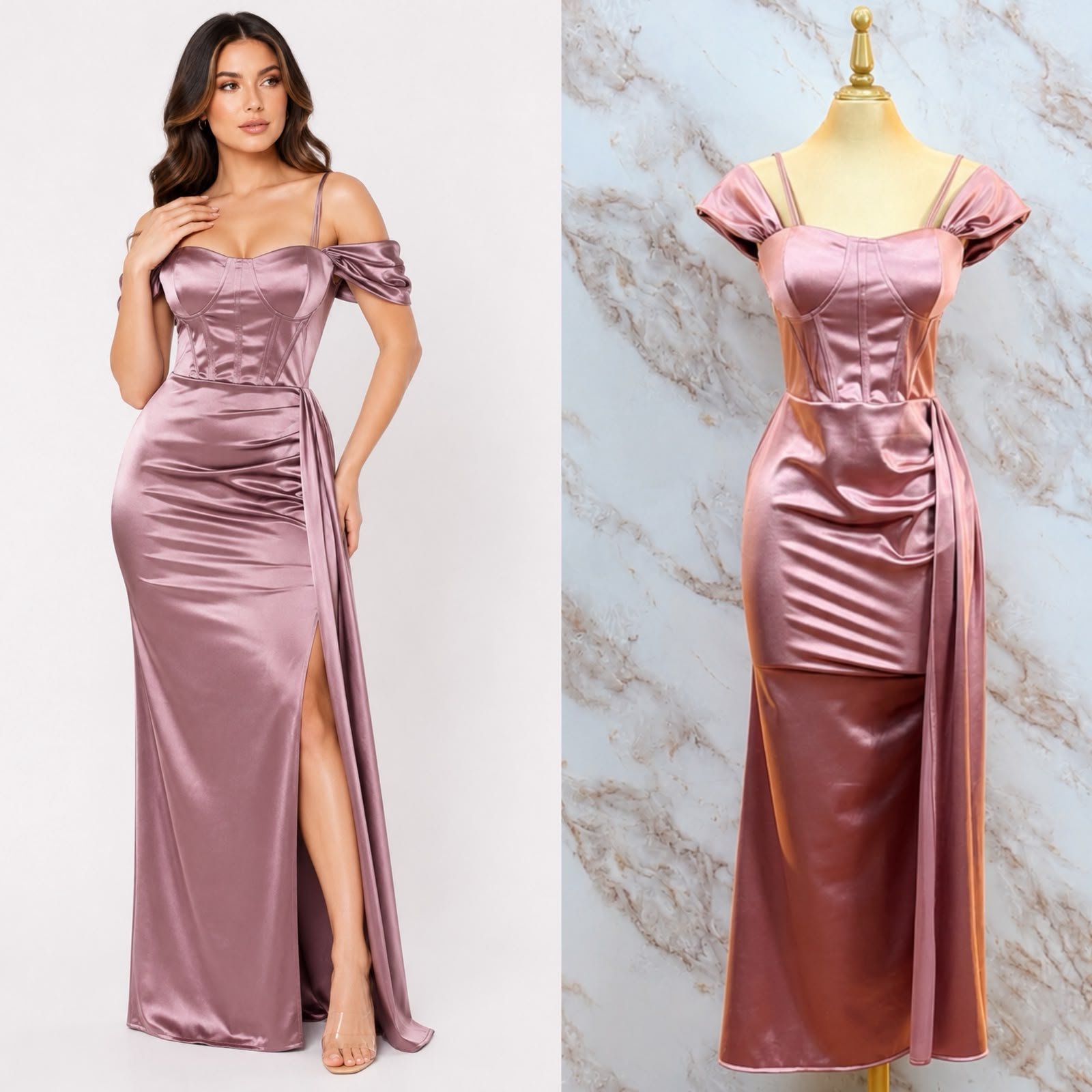 VESTIDO DE FIESTA DE CORSET SATINADO CON MANGA CAIDA - Image 4