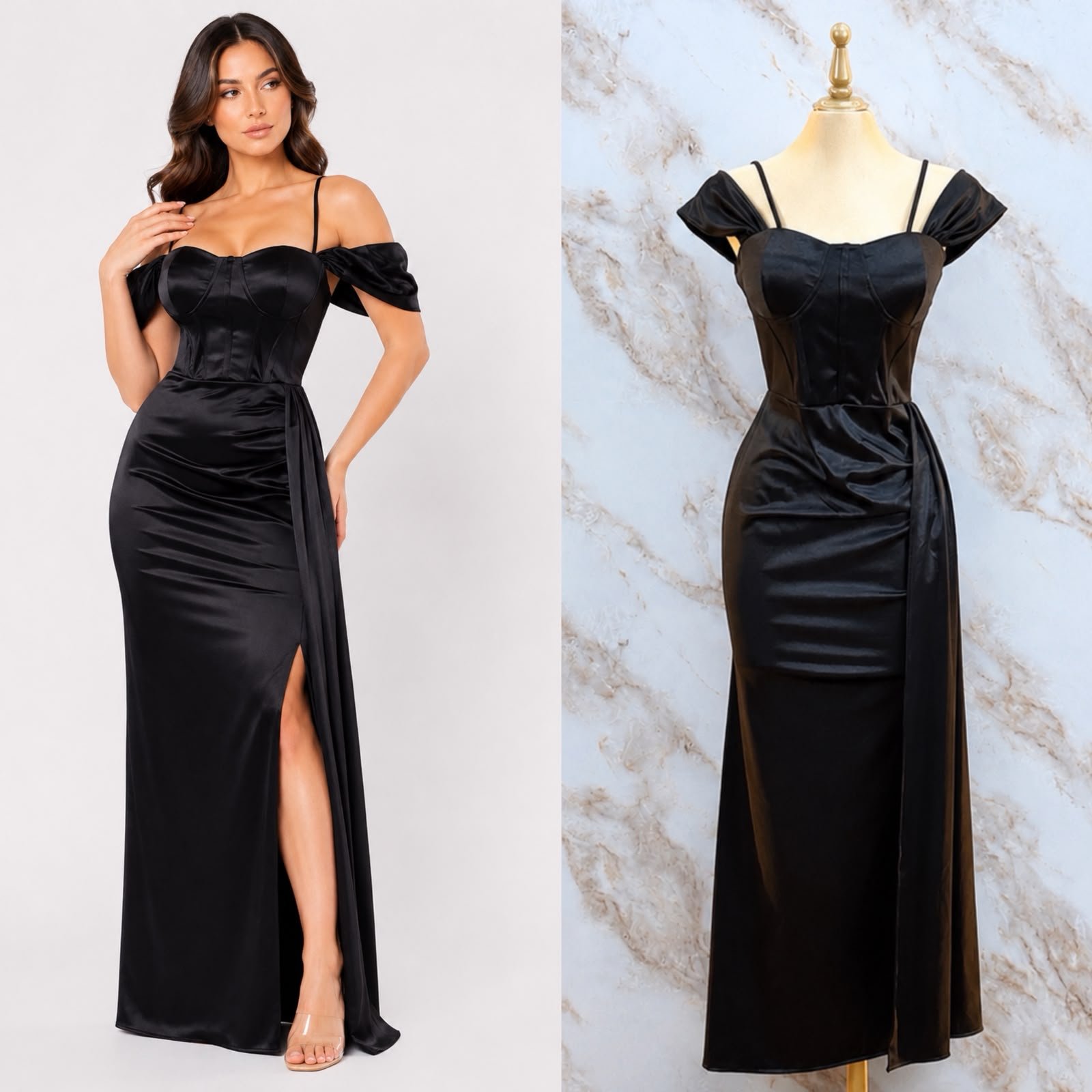VESTIDO DE FIESTA DE CORSET SATINADO CON MANGA CAIDA - Image 5