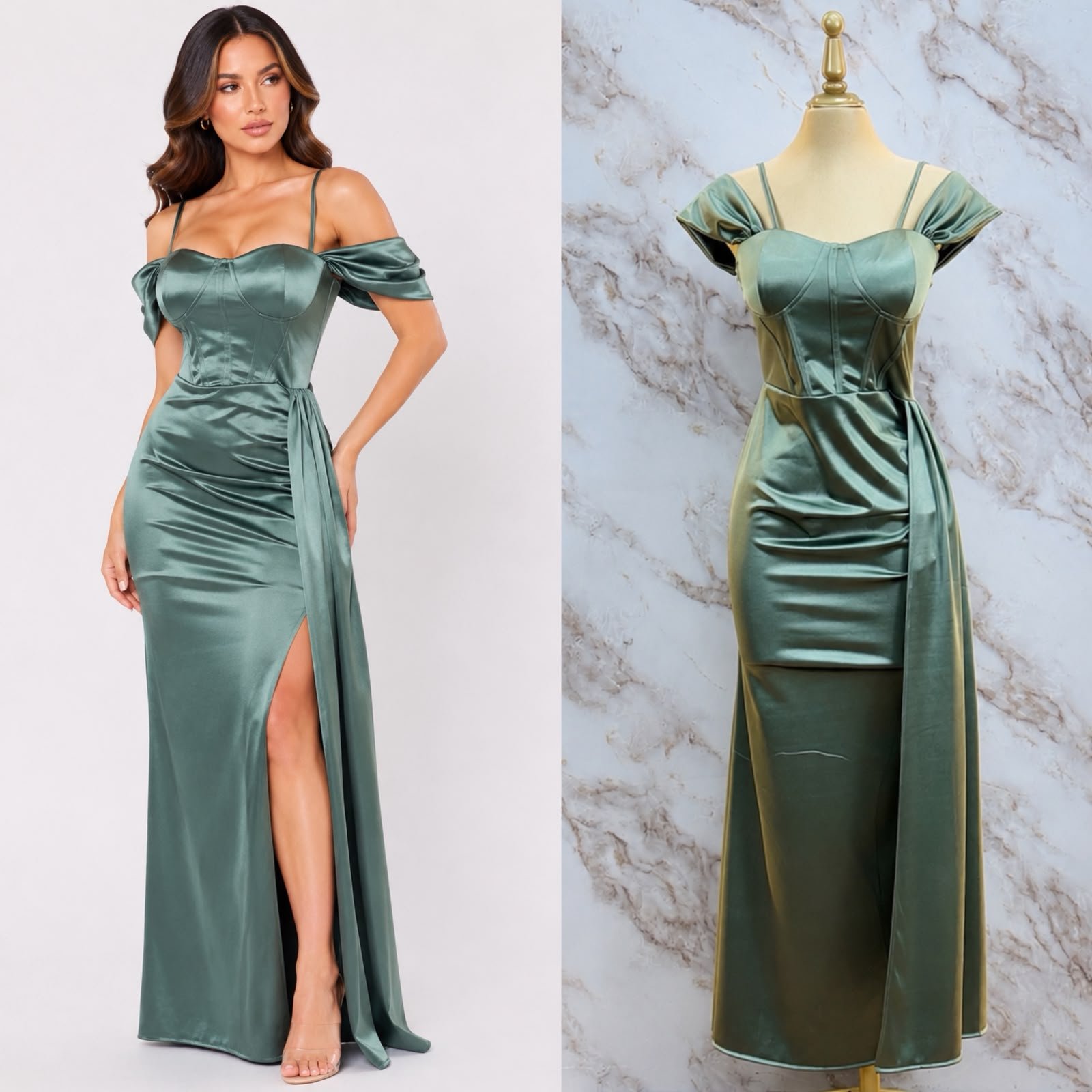 VESTIDO DE FIESTA DE CORSET SATINADO CON MANGA CAIDA - Image 6