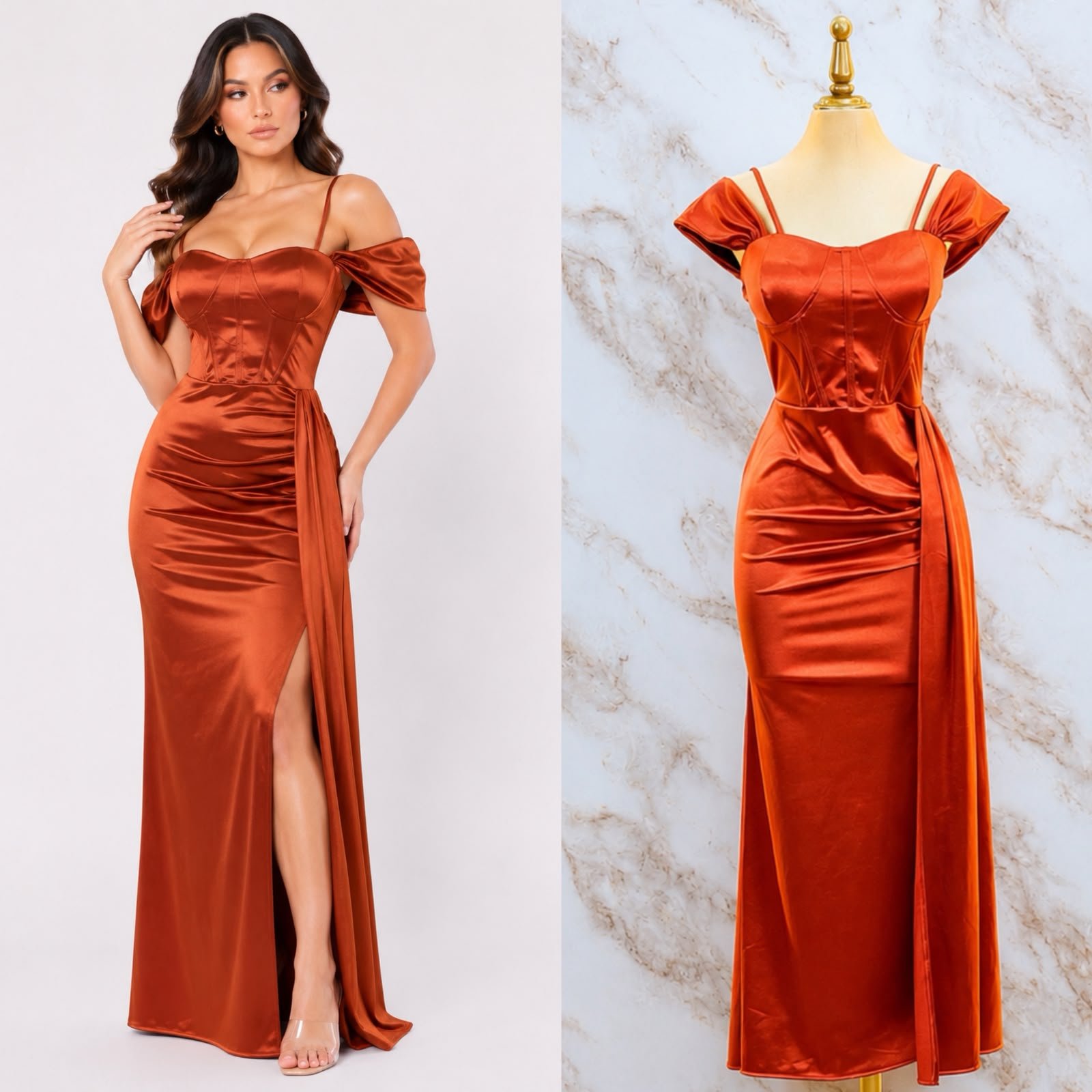 VESTIDO DE FIESTA DE CORSET SATINADO CON MANGA CAIDA - Image 7