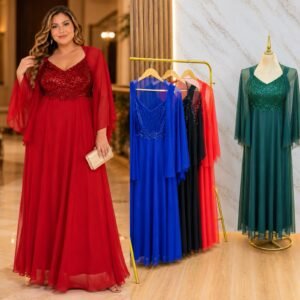 VESTIDO DE FIESTA PLUS CAPA Y BRILLOS