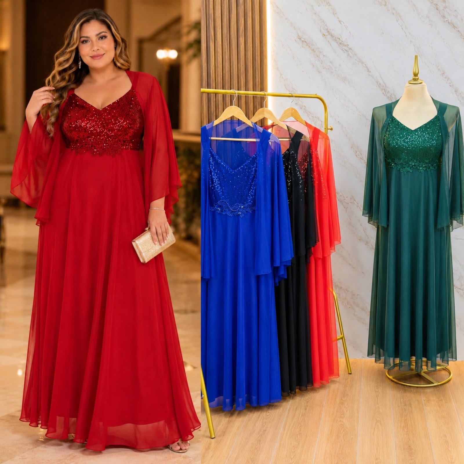 VESTIDO DE FIESTA PLUS CAPA Y BRILLOS