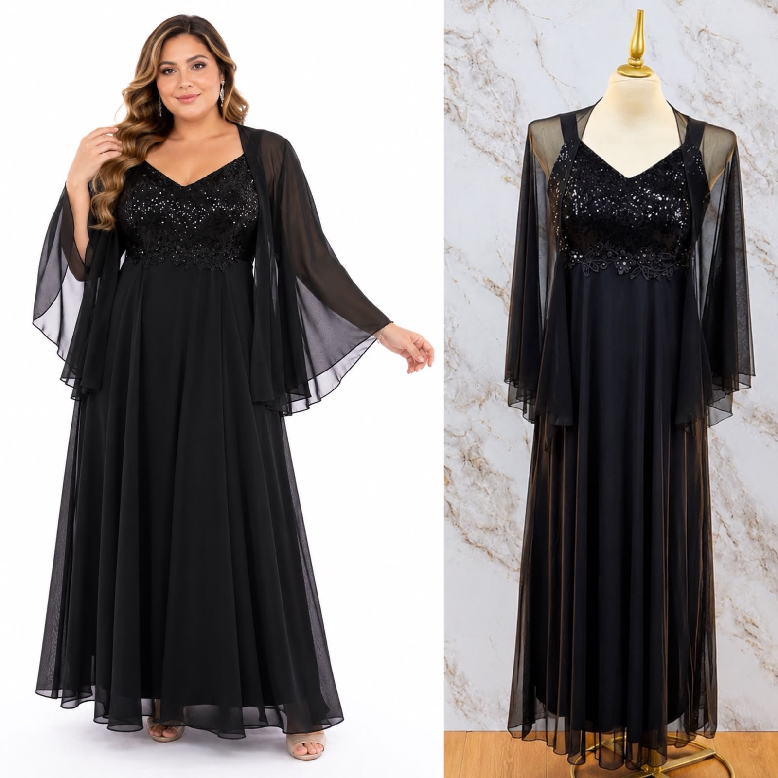 VESTIDO DE FIESTA PLUS CAPA Y BRILLOS - Image 3